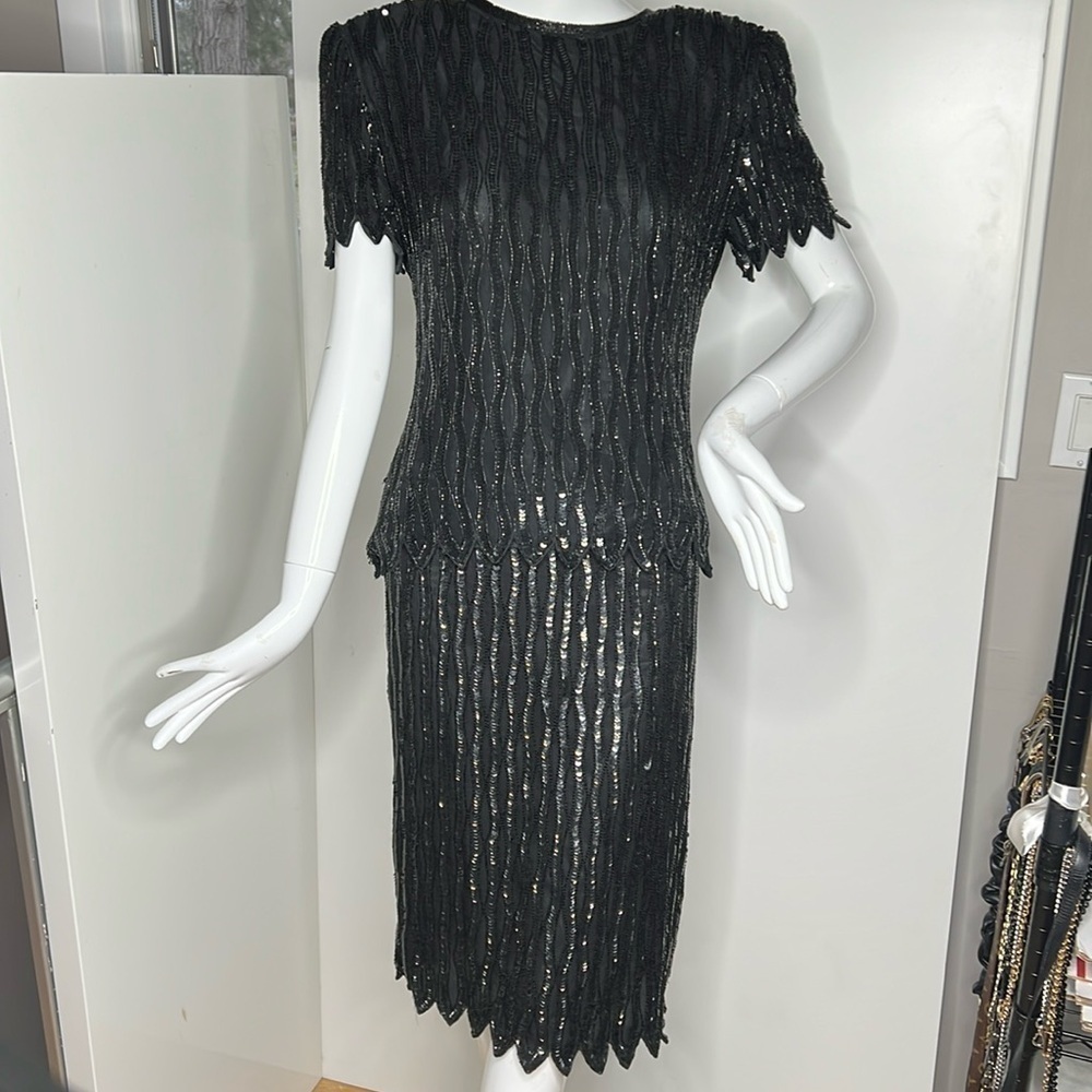 Stenay Sz 8 Two Piece Black Fully Beaded Skirt and T-shirt Set